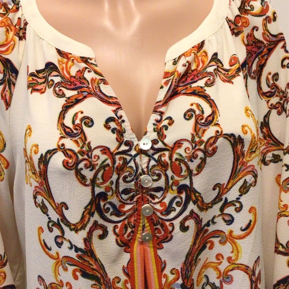 Figueroa & Flower Boho Banded V-Neck 3/4 Tied Cuff Sleeve Peasant Top Size XL - Picture 2 of 7